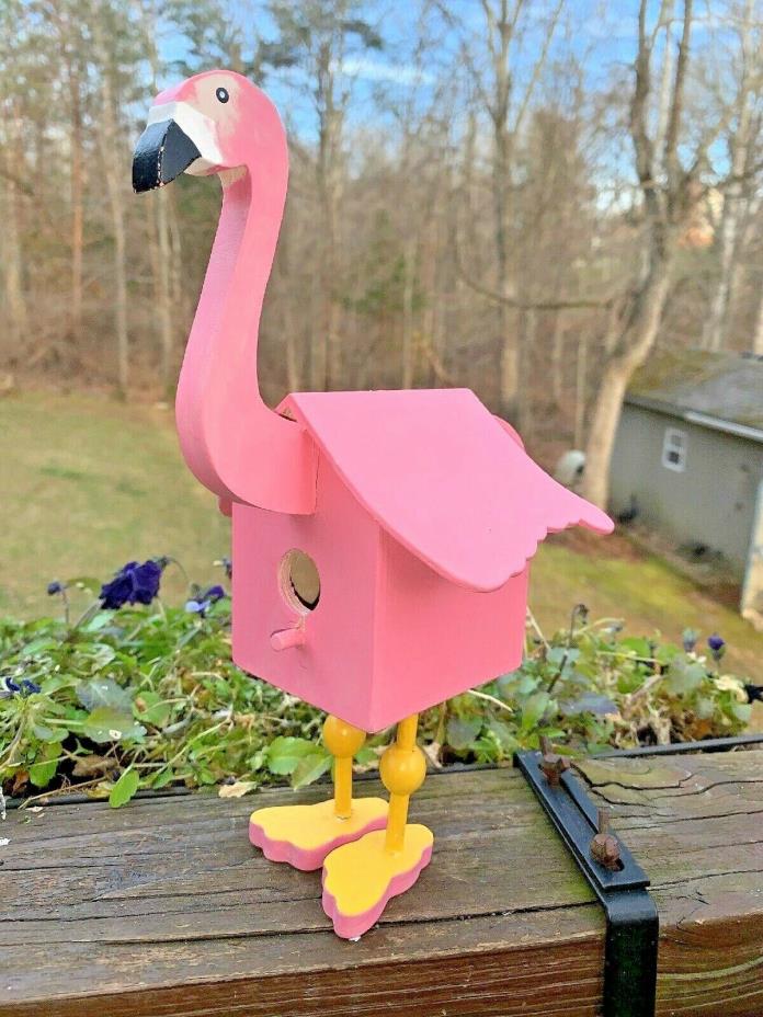 Vintage Wooden Hand Made Painted PINK FLAMINGO Stands Tall Bird House Decor 9x6