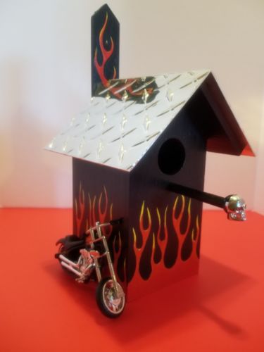 Custom Flamed Motorcycle Hand Painted Wood And Chrome Birdhouse