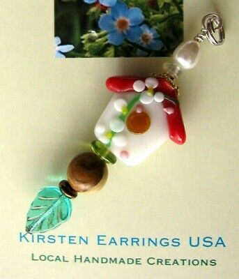 Happy Little Bird House Pendant of Lampwork Beaded Kirsten USA America Made Gift