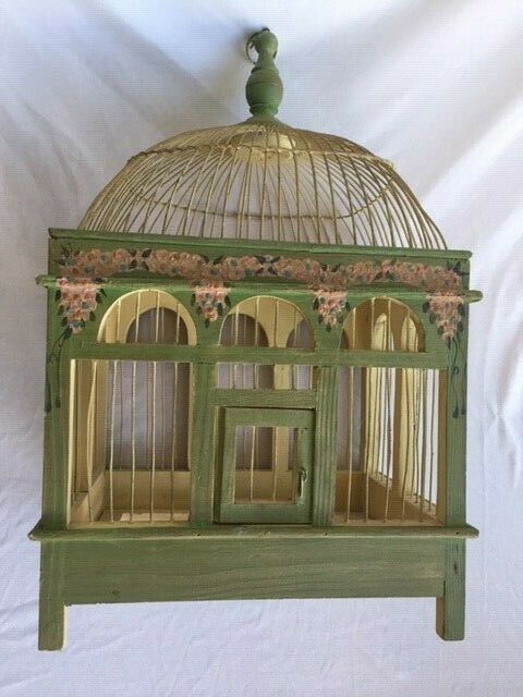 Vintage domed top wood & wire bird cage with tray