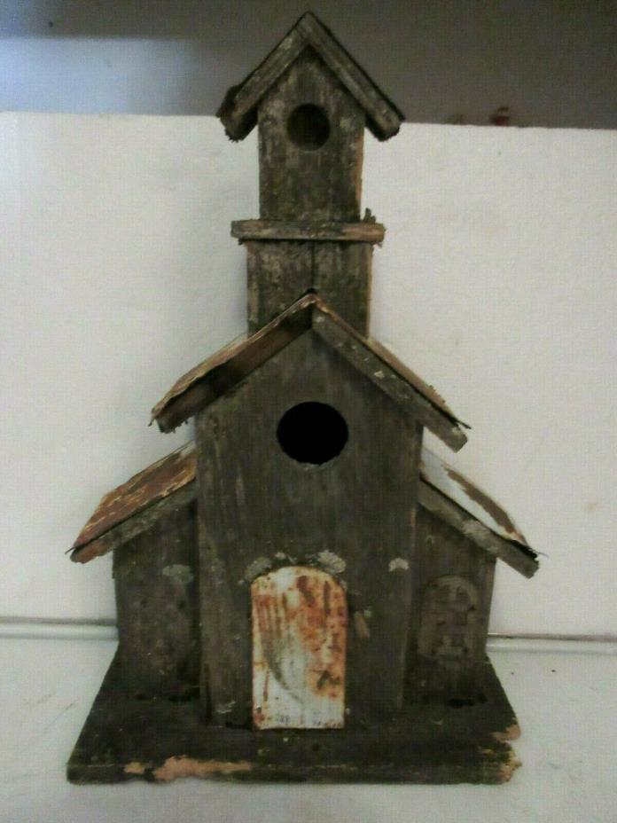 VINTAGE AAFA WOOD HAND MADE COTTAGE PRIMITIVE DECOR CHURCH BIRD HOUSE METAL ROOF