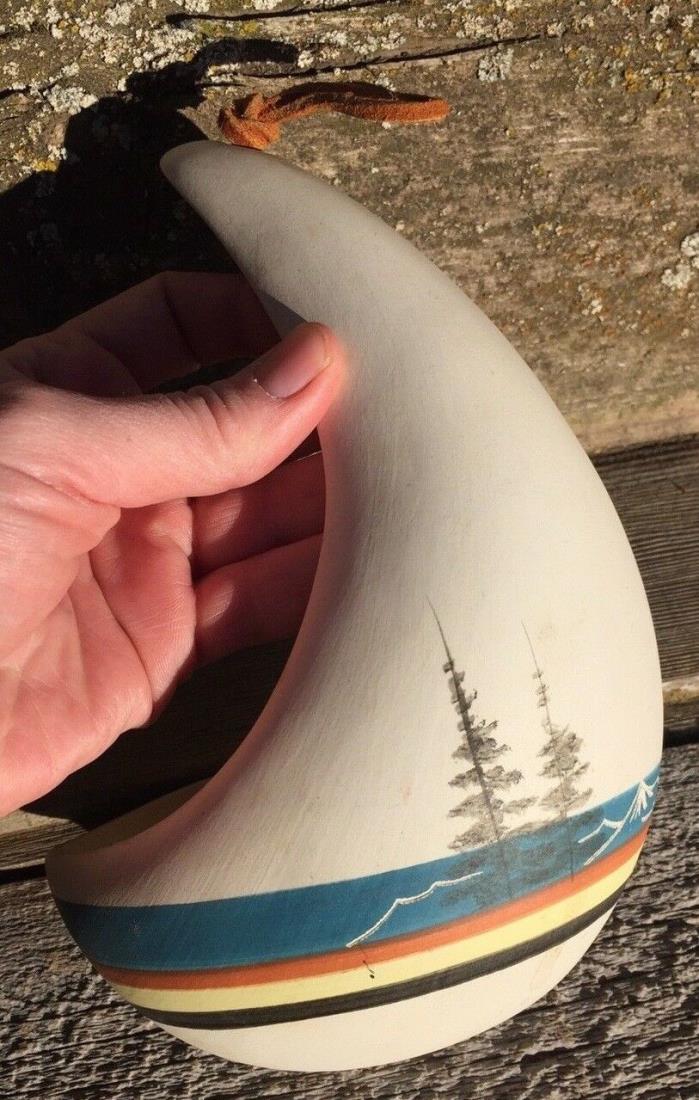 Pottery Bird Feeder, Handpainted Pacific Northwest Theme, Leather Hanger Loop