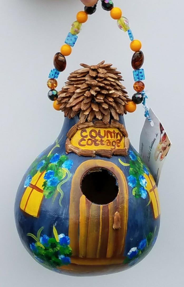 Hand Painted Gourd Birdhouse - Floral Shop Bird Cottage w/ Shingles - 20