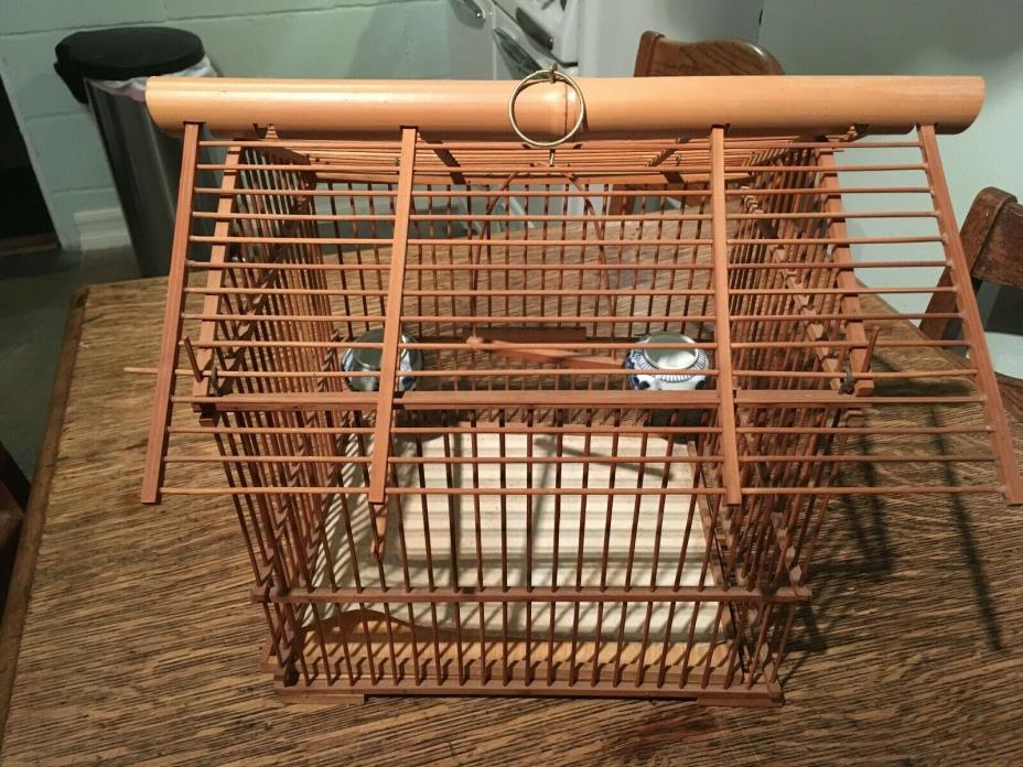Vintage BAMBOO BIRD CAGE with 2 Vintage Porcelain Cup Feeders