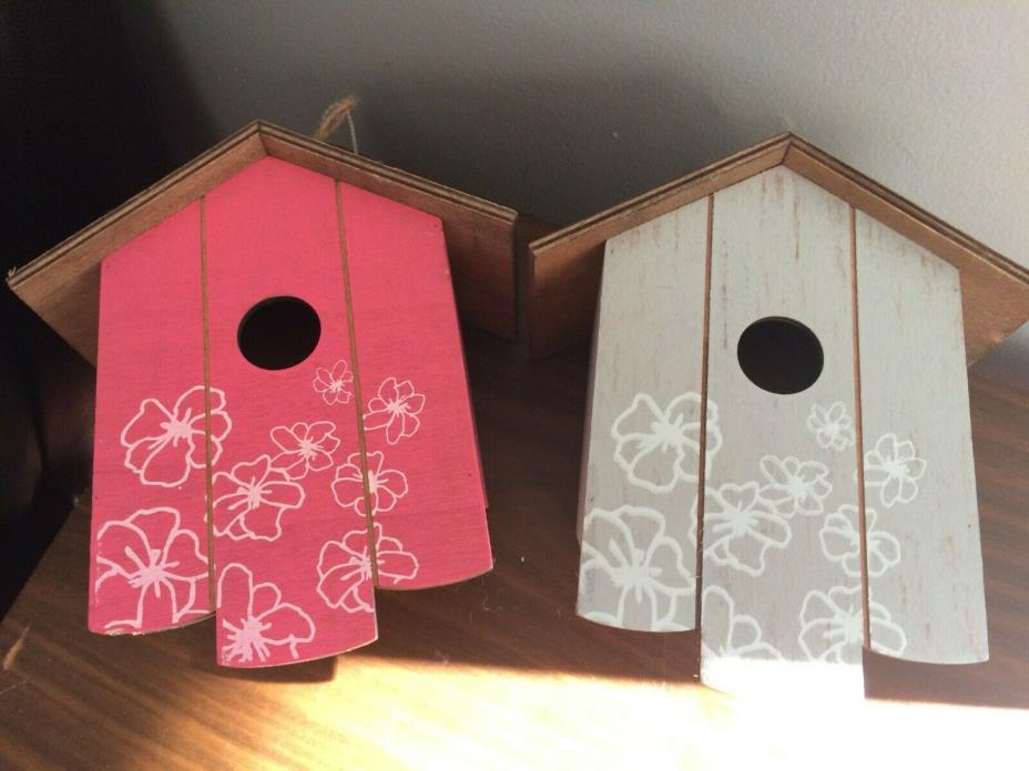 Decorative Bird Houses Pink and Gray/Blue with White Flowers - New with tag