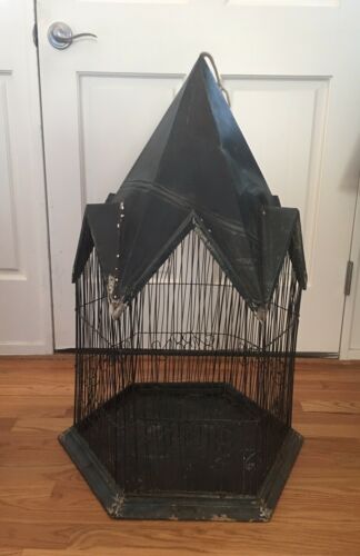 Vintage Lg Victorian Primitive Wood & Wire Peaked Roof  Bird Cage 35” Tall