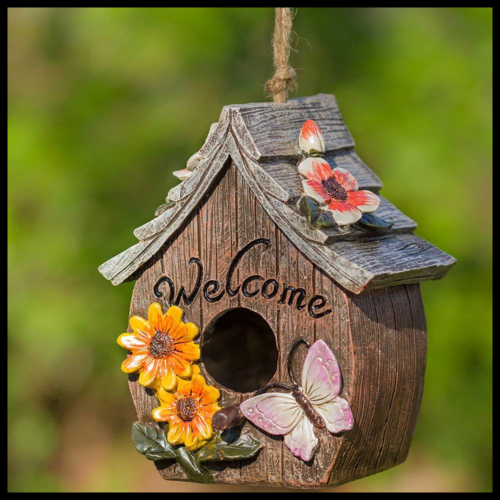 Butterfly & Flowers Welcome Decorative Hand Painted Bird House