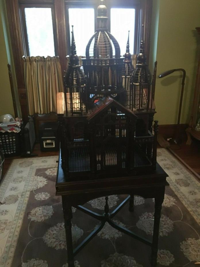 VINTAGE MAHOGANY WOOD BIRD CAGE SACRE COUER CATHEDRAL W/ TABLE 6 FOOT TALL NICE!