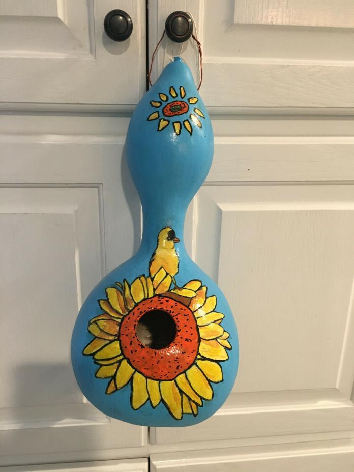 New hand painted & signed large GOURD BIRDHOUSE bird on a sunflower