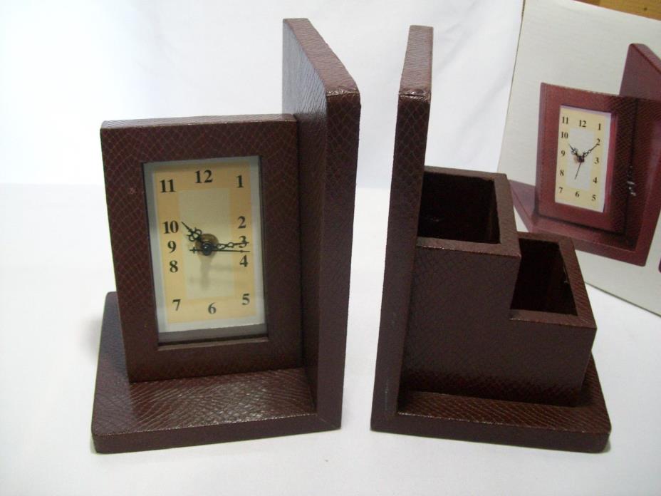 Pair of Book Ends w/ Quartz Clock & Compartments Faux Leather Covered Wood