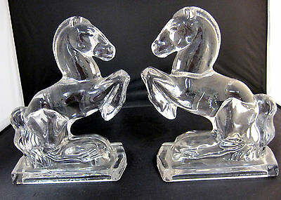 Bookends Crystal Clear Glass Horse Pair Figurines Rearing Up 7.5