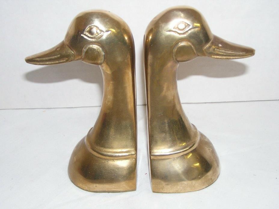 Vintage Solid Brass Mallard Duck Head Decoy Midcentury Bookends Set