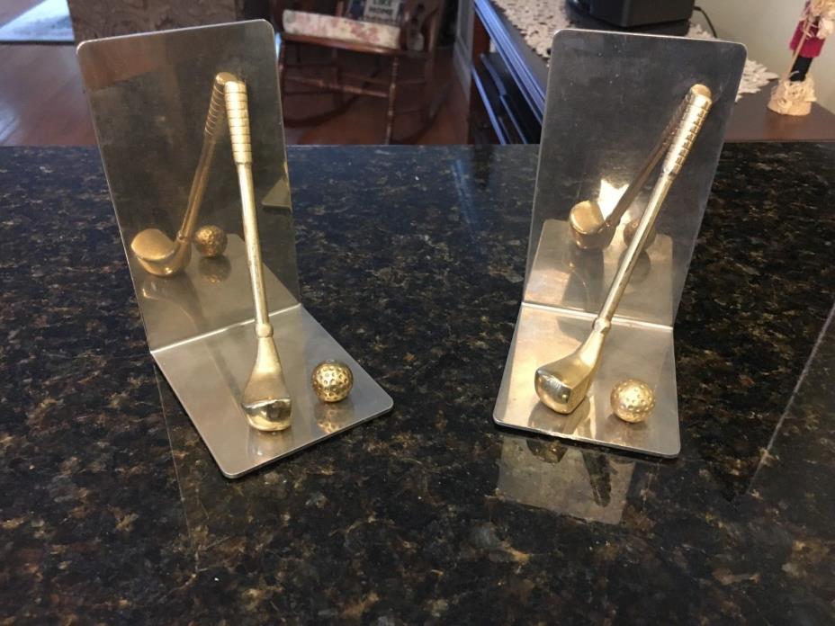 Golf Theme Metal Book Ends with Club and Ball  Brass & stainless steel