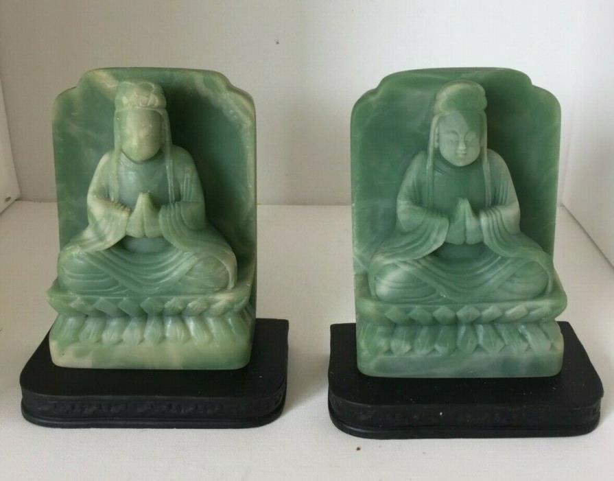 Hand Carved Green Incolay Stone Praying Goddess Bookends