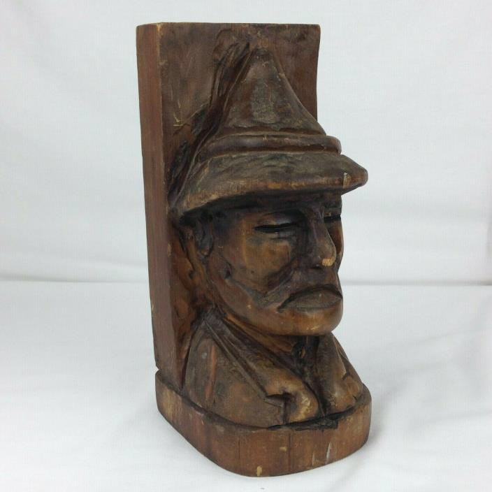Vintage Wood Carved Sculpture Old Man Head Figure Bust Bookend
