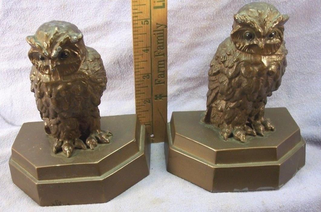 VINTAGE CAST METAL OWL BOOK ENDS AS FOUND