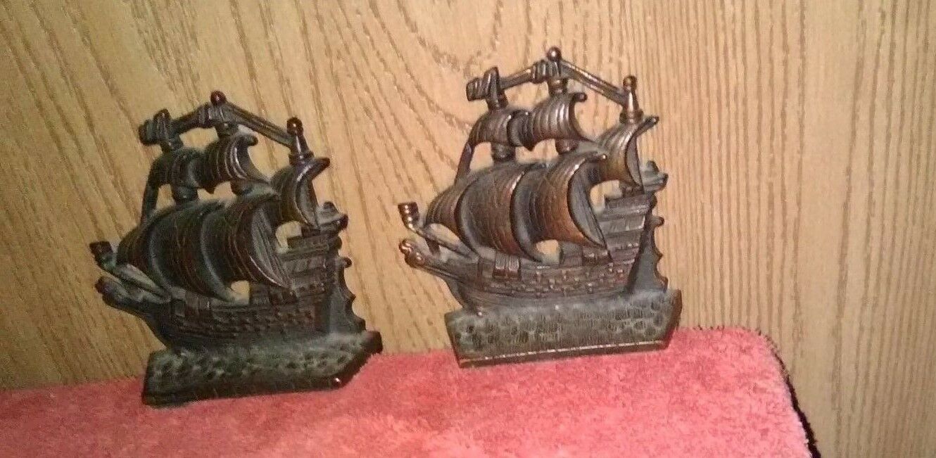 Copper Washed Cast Iron Book Ends.  Sailing Ship with Three Masts.  20.