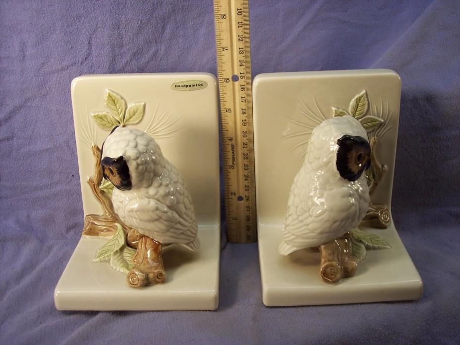 VINTAGE MID CENTURY OWL CERAMIC BOOK ENDS HAND PAINTED