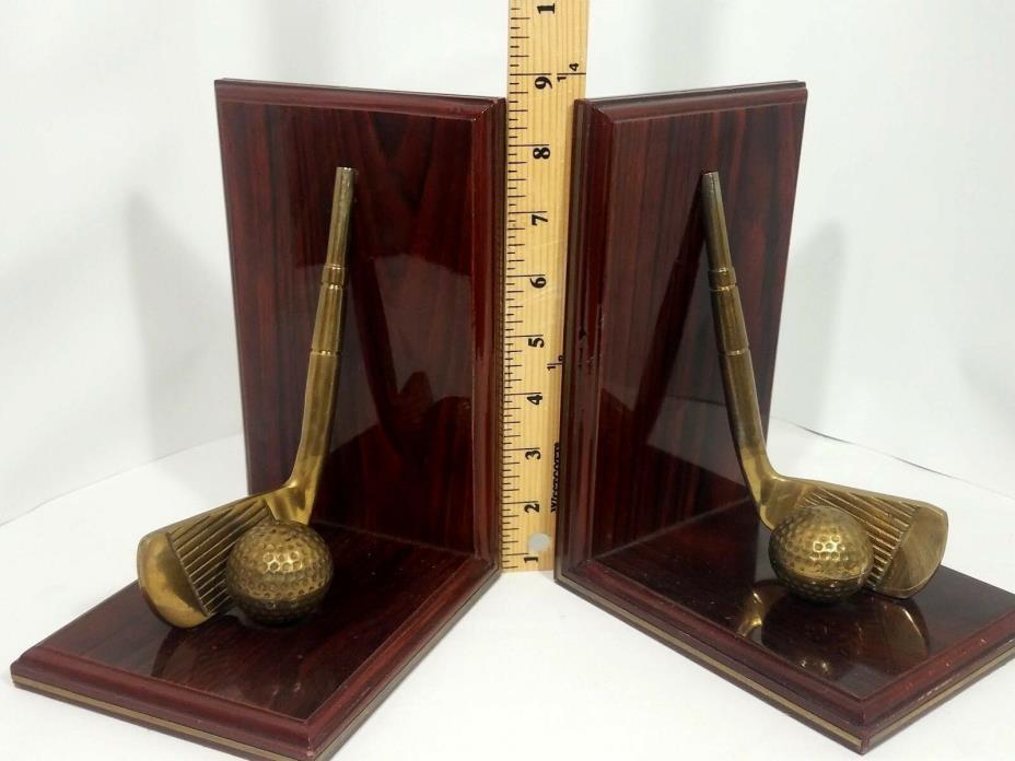 vintage Golf Club Bookends Mahogany Brass Set Deco Wood  Golfer Gift