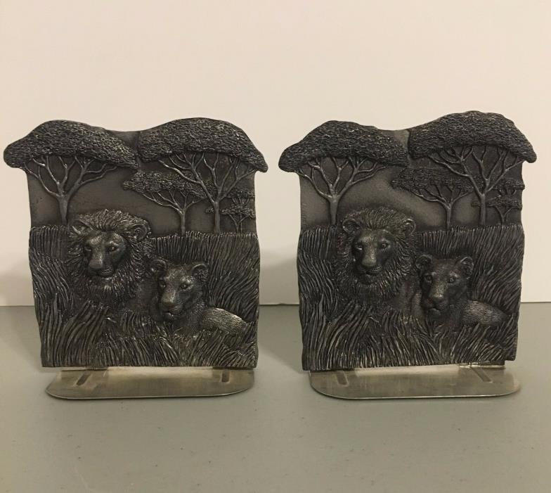 Beautiful Metzke Vintage 1990s Lion and Lioness Pewter Book Ends