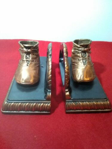 Vintage Copper/Brass Coated Baby Shoe Book Ends. Black felt Bottom Shoe Size 4