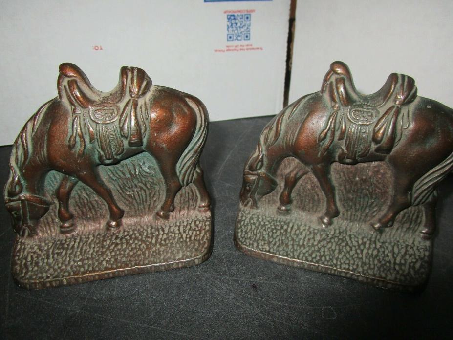 Vintage Cast Iron Horse Grazing Saddle Bronze Tone Book Ends