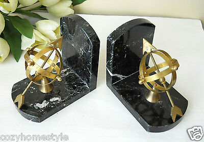 ARMILLARY SPHERE BOOKEND BLACK MARBLE AND BRASS GLOBE SUNDIAL ARROW 2PC SET GIFT