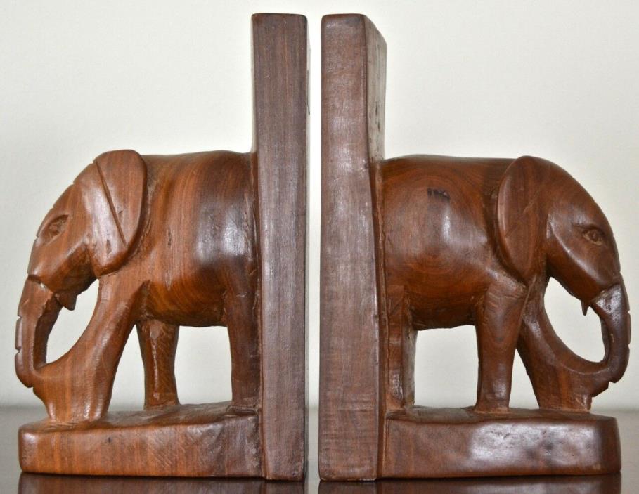 Vintage Hand Carved Wood Elephant Bookends Kenya, Africa, Animal