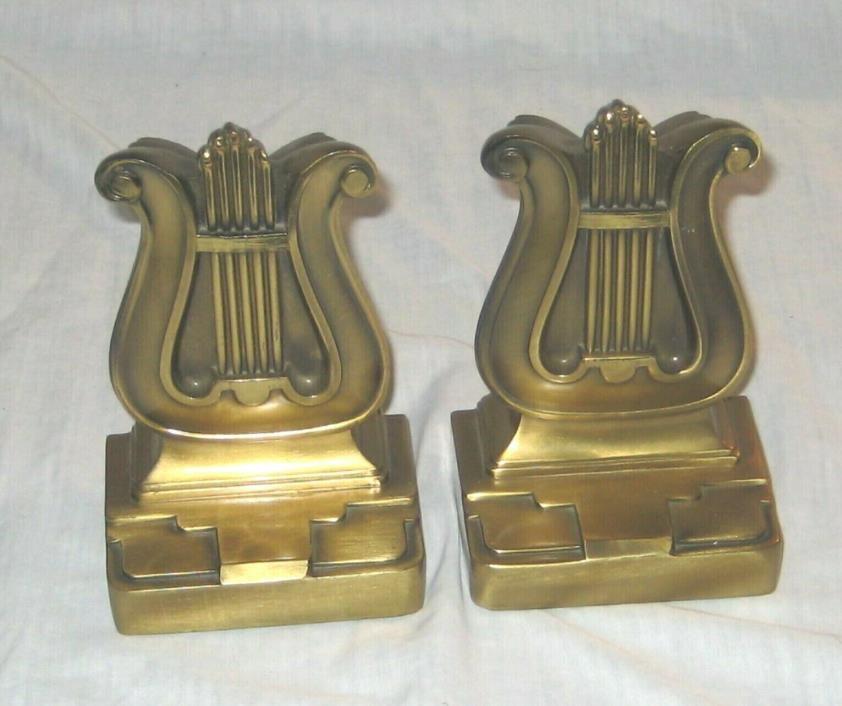 Vintage PM Craftsman Lyre Harp Music Heavy Cast Brass Bronze? Figural Book Ends