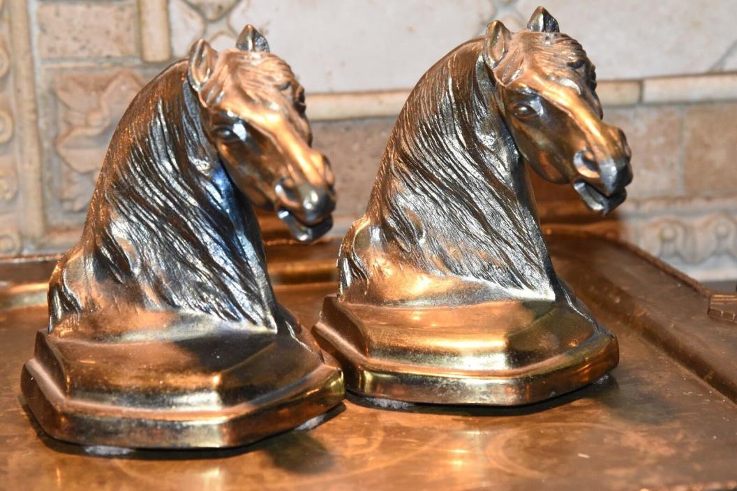 HEAVY PAIR VINTAGE CAST METAL HORSE HEAD BOOK ENDS BRASS PLATED FIGURAL 6.5