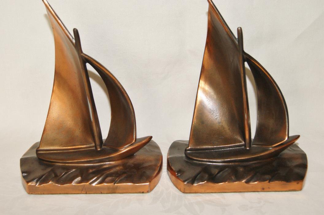 Vintage Book Ends - Nautical Sailboats on Waves - Brass Toned Cast Metal - Heavy