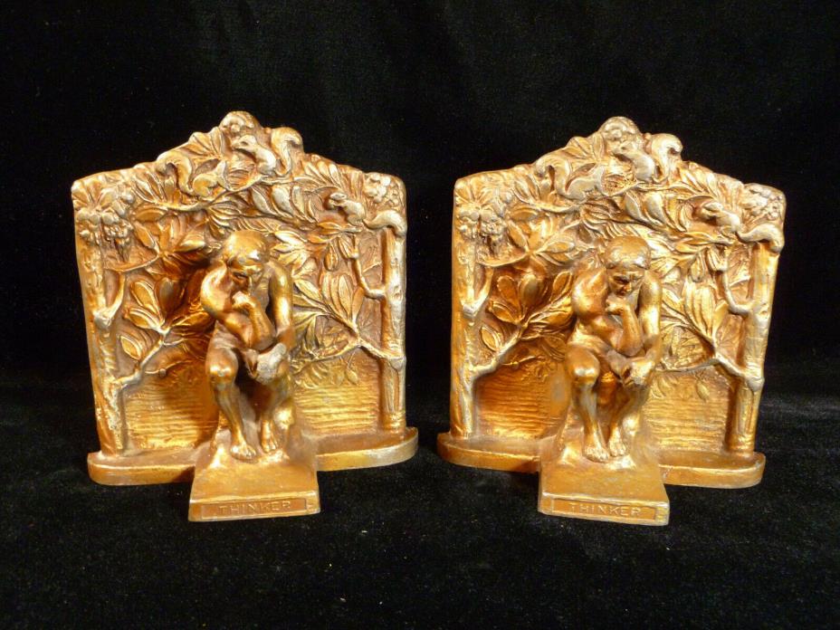 Rare Signed American Art Metal Works ‘Thinker’ Bookends – circa 1925