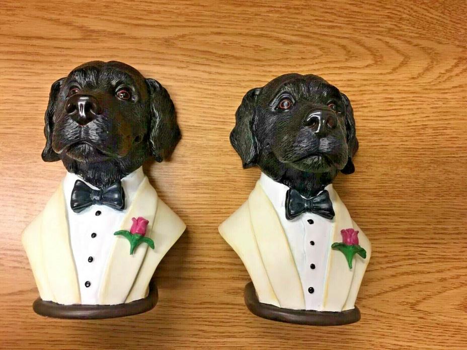Vintage Silvestri Heavy Resin Tuxedo Clad Lab Dog Bookends Felted Back And Base