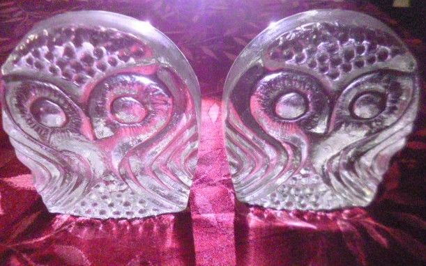 Pair Owl Bookends Vintage Blenko Heavy Thick Textured Clear