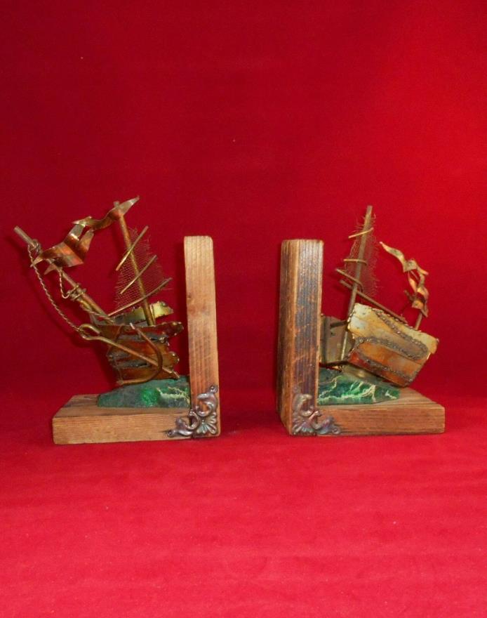 Unique -VINTAGE SHIP BOOK ENDS - Wood base back with metal ship riding the waves