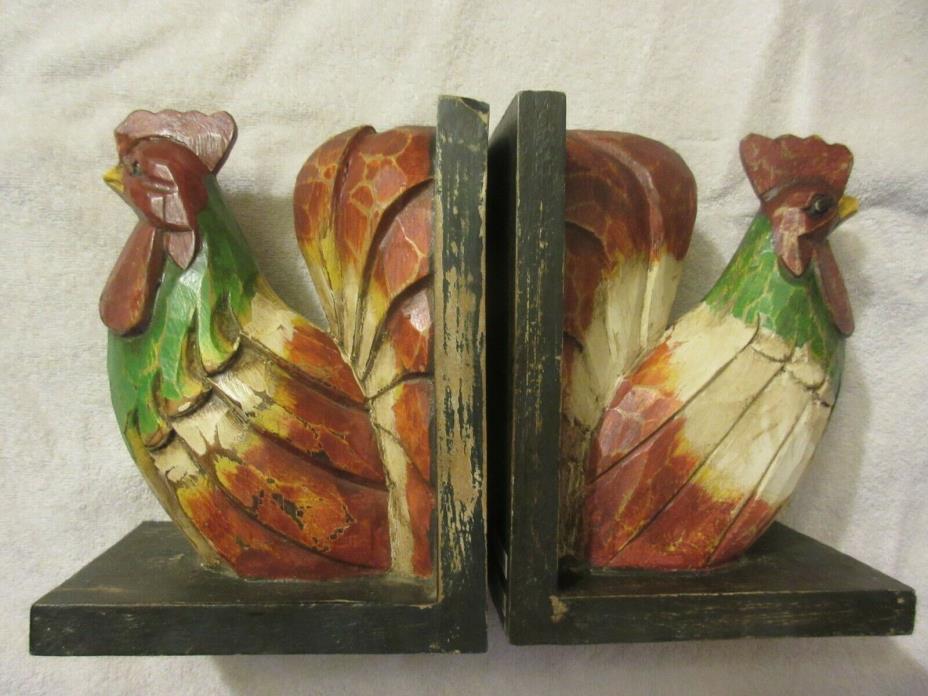 Vintage Distressed Wood Rooster Bookends Shabby Chic Primitive