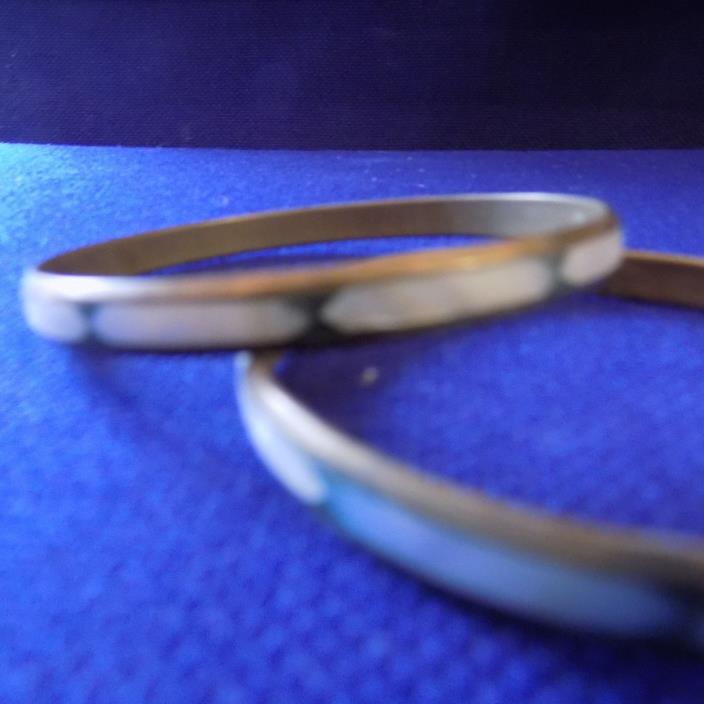 Pair of vintage brass bracelets with green and abolone shell inlay(54)