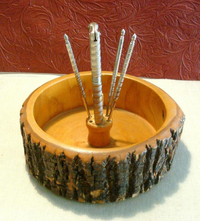 Small Vintage Nut Cracker Bowl Ribbed Bark Edges Souvenir Rustic with Tools
