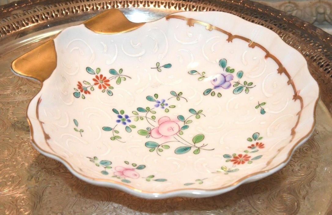 Sea Shell Floral Trinket  CANDY SOAP Dish Handpainted  FLORAL Gold Trim 8
