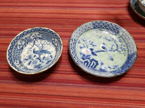 Pair signed Decorative Peonies Bird Peacock  Asian Chinese Blue & White Bowls #1