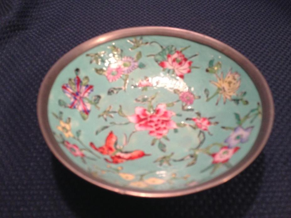 Vintage A.C.F. Japanese Porcelain Ware Pewter-Clad Turquoise Bowl Butterflies