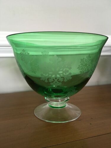Green Glass FTD Bowl Compote Footed White Snowflakes  7in Diameter 5 3/4in Ht.