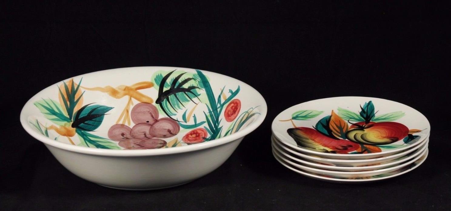 Vintage Large Fruit/Salad Bowl and 5 Matching Plates Hand Painted Mid Century