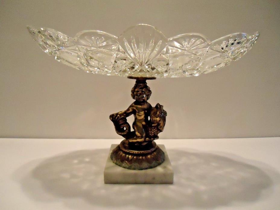 Vintage Cut Glass Compote with Marble Base Brass Cherub on Fish Scalloped Compot