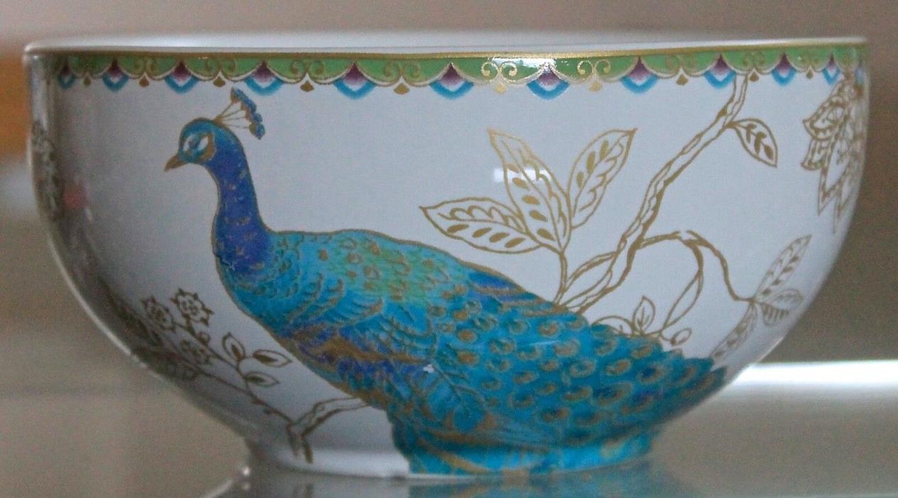 222 FIFTH PEACOCK GARDEN BOWL CEREAL SOUP 5 1/2 IN PORCELAIN NEW GOLD TURQUOISE