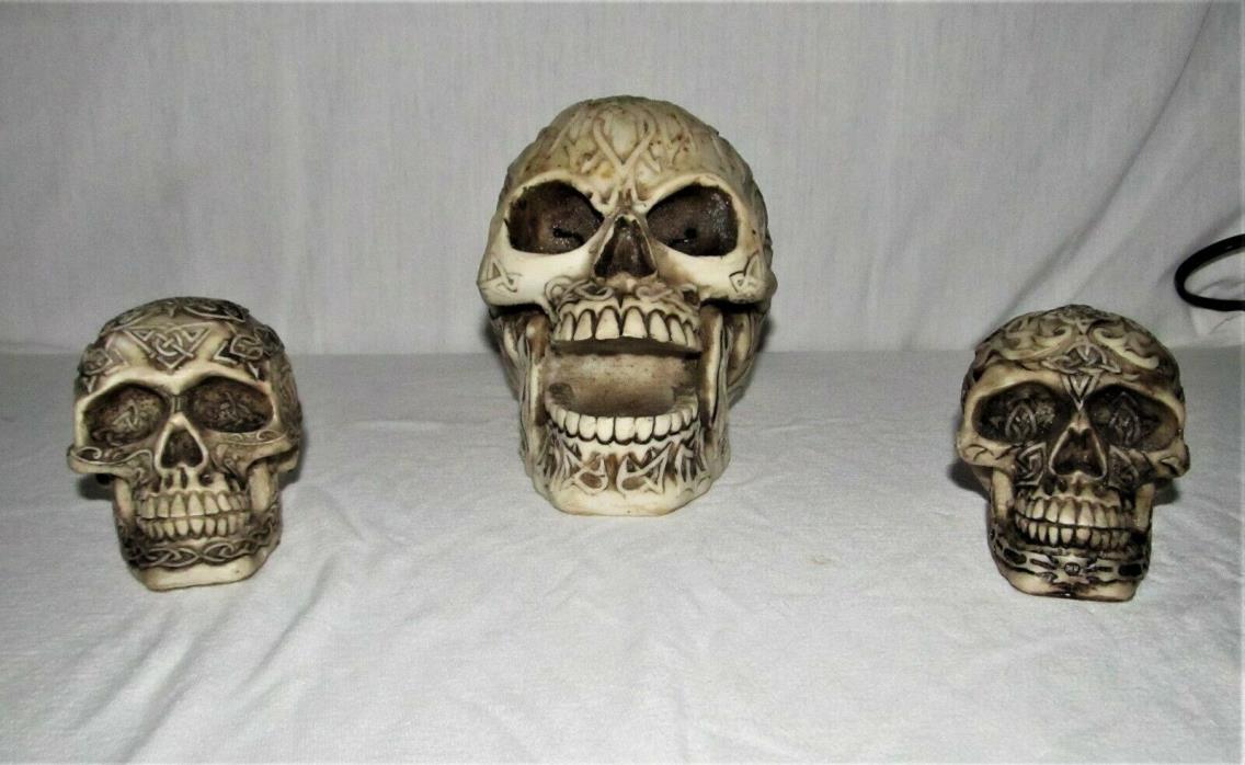 Resin Skulls with decorative designs ( set of 3 ) 1 large / 2 small