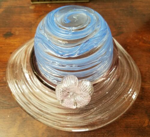 Vintage large blue art glass serving bowl hat with pink flower