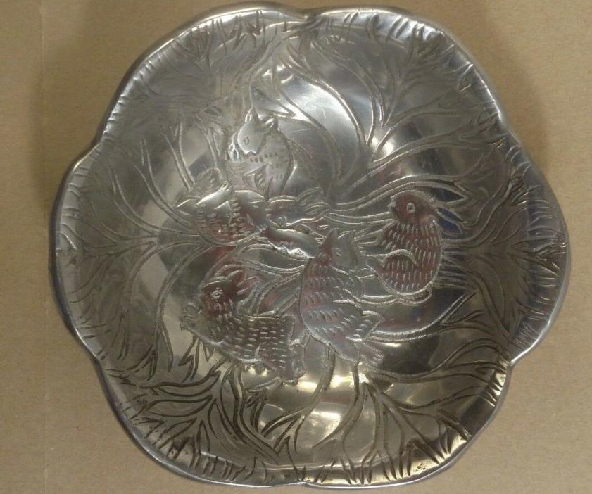 VINTAGE ALUMINUM BOWL, SCALLOPED EDGE,  BUNNY ETCHED DESIGN, MADE IN INDIA