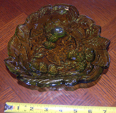 Beautiful Green Leaf and Berry Triangular Dish Possibly Indiana Glass
