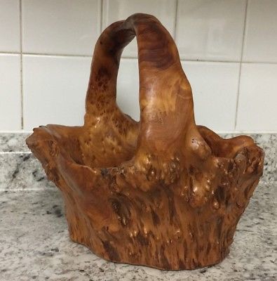Vintage lacquered Knobby Burl Wood Bowl Basket with Handle Beautiful Hand Carved